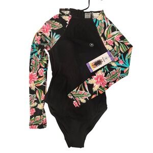 NWT XS Hurley Womens Long Sleeve One Piece Swimsuit Floral Rash Guard Black